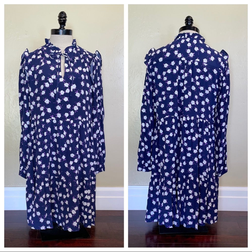 J Crew Tie-Neck Tiered Dress in Scattered Peony Print Size Medium